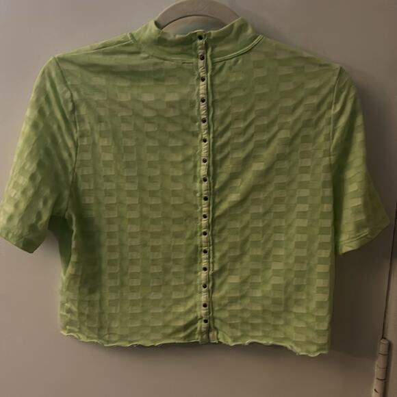 Free People Green Mock Neck Textured Button Closure Back T-Shirt S Casual Boho - Picture 5 of 10
